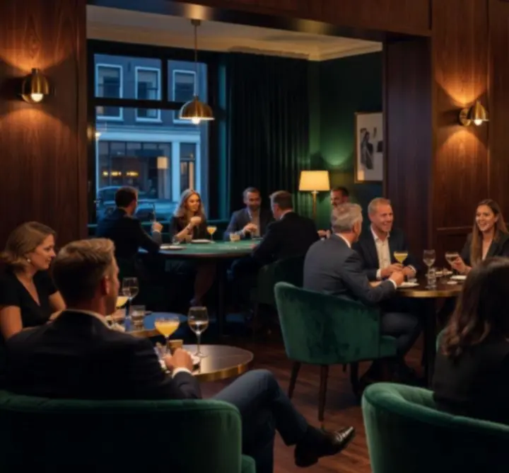 Avondsfeer in de bar van Office Tidy NL met warme gouden verlichting en gasten aan tafels
