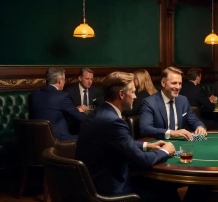 Sfeervolle pokeravond bij Office Tidy NL met warme verlichting en gezellig gezelschap.
