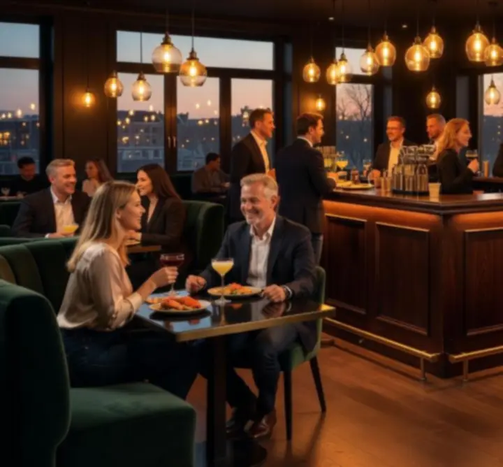 Sfeervol barinterieur in de avond met warme verlichting, houten details en gedekte tafels
