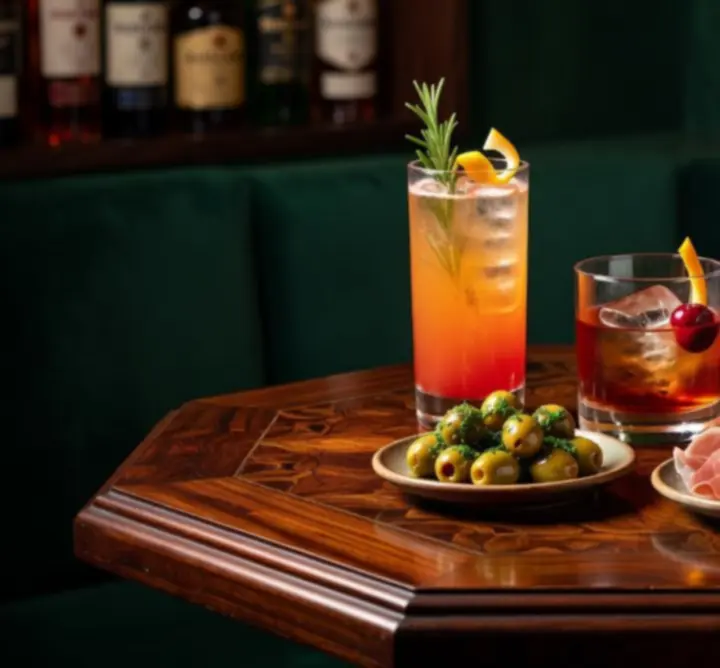 Signature cocktails en bar bites op een donkere houten tafel.