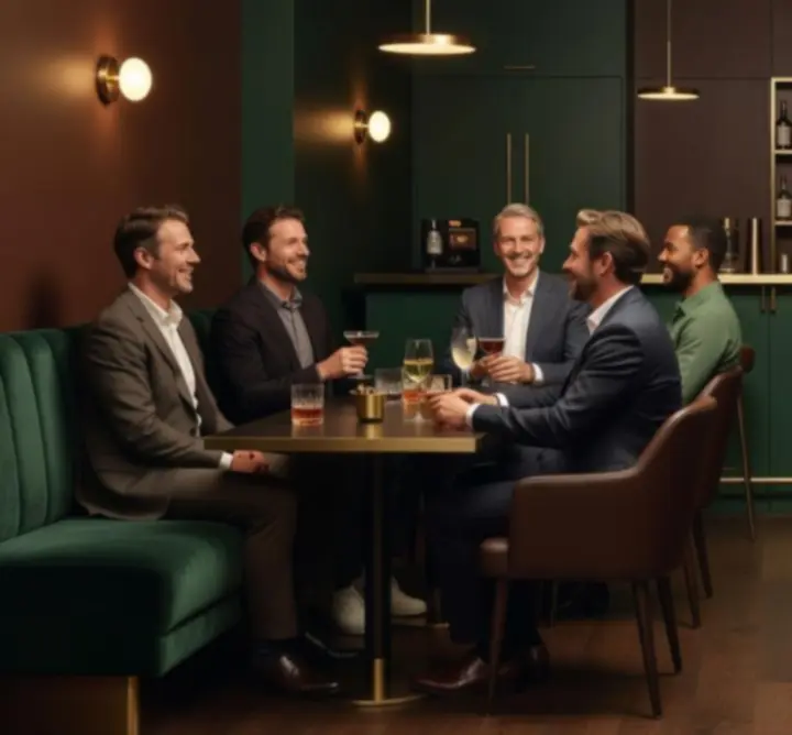 Gasten die lachen en proosten aan de bar tijdens een eventavond