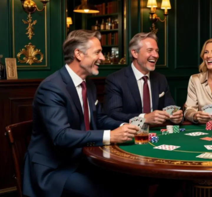 Sociale pokeravond met gasten rond een tafel in een stijlvolle baromgeving